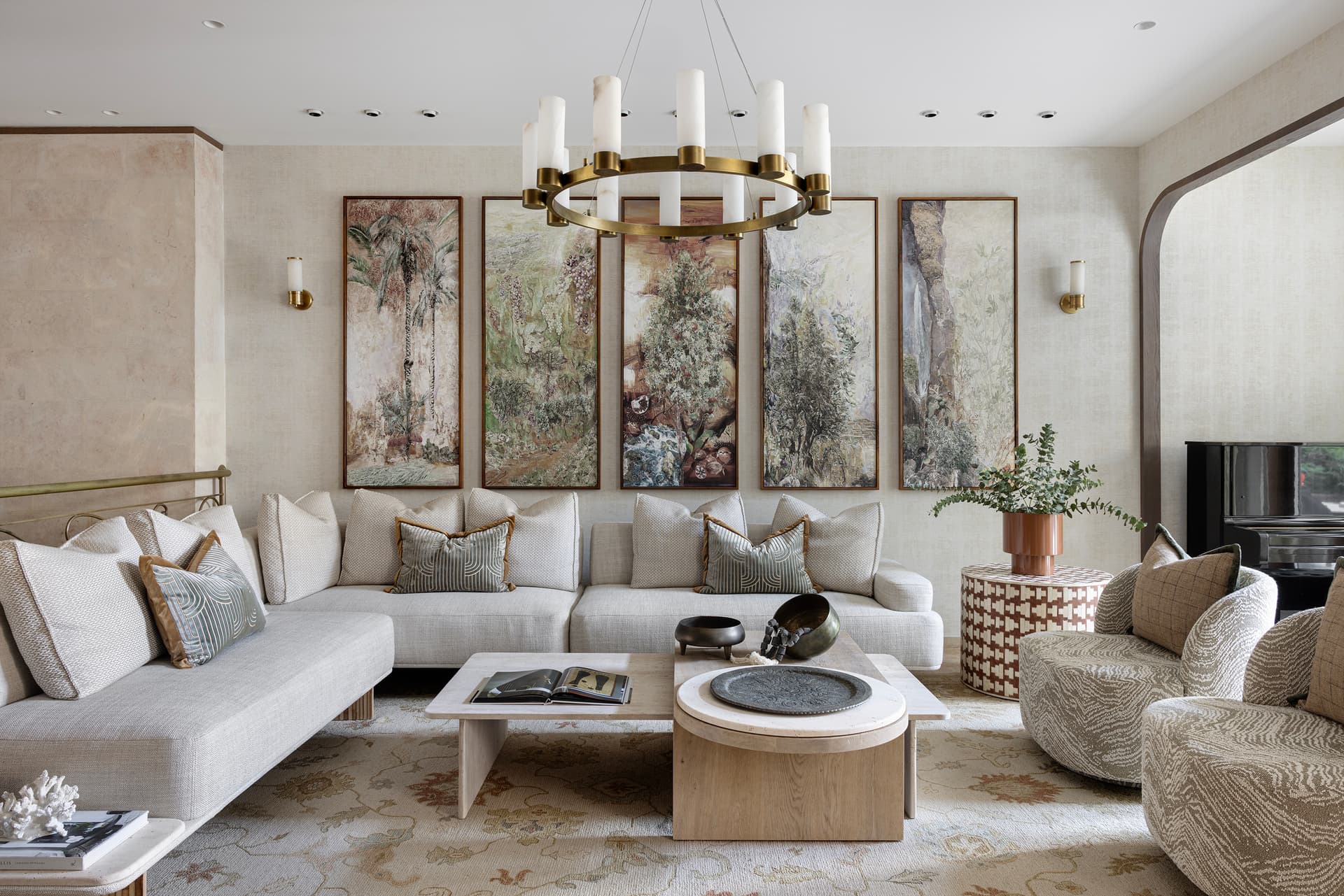 Living room overview with custom millwork and seating