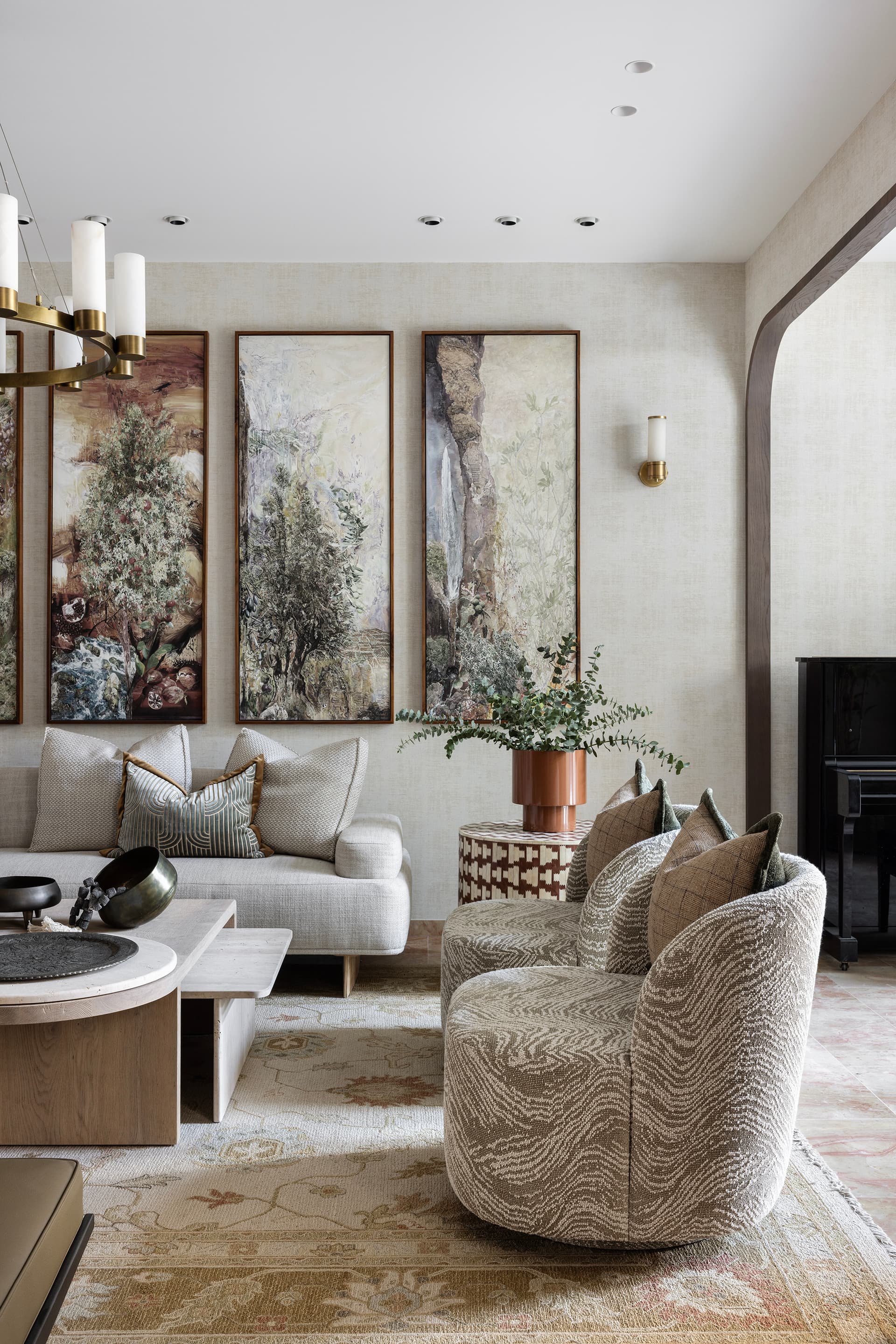 Soft seating corner with coffee table and textiles